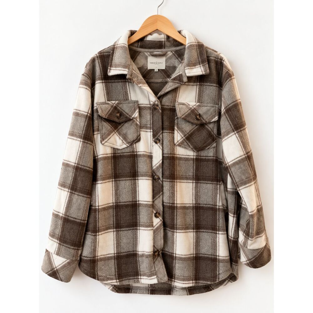 Thread & Supply Cozy Plaid Shacket in Brown and Cream Size 1X